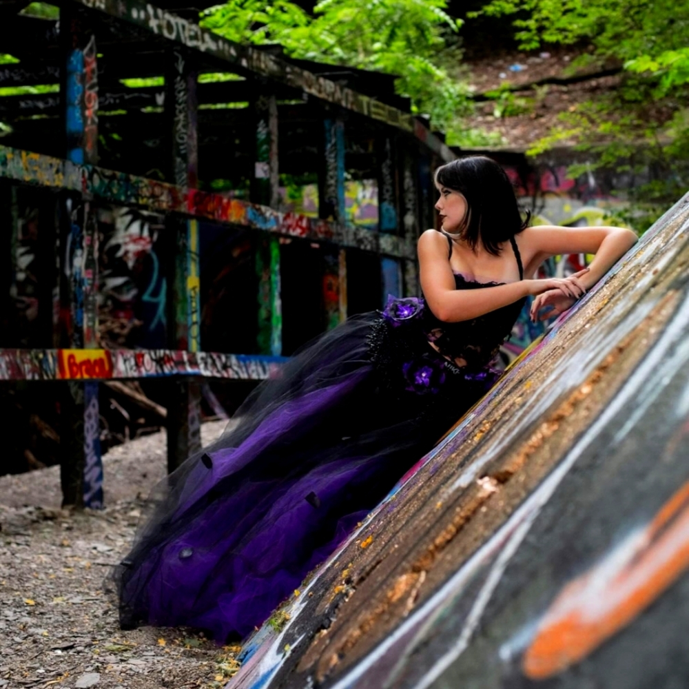 "LADY ANA" Custom Order Black & Purple Rose Petal Tulle Wedding Ballgown Set - Picture 5 of 13